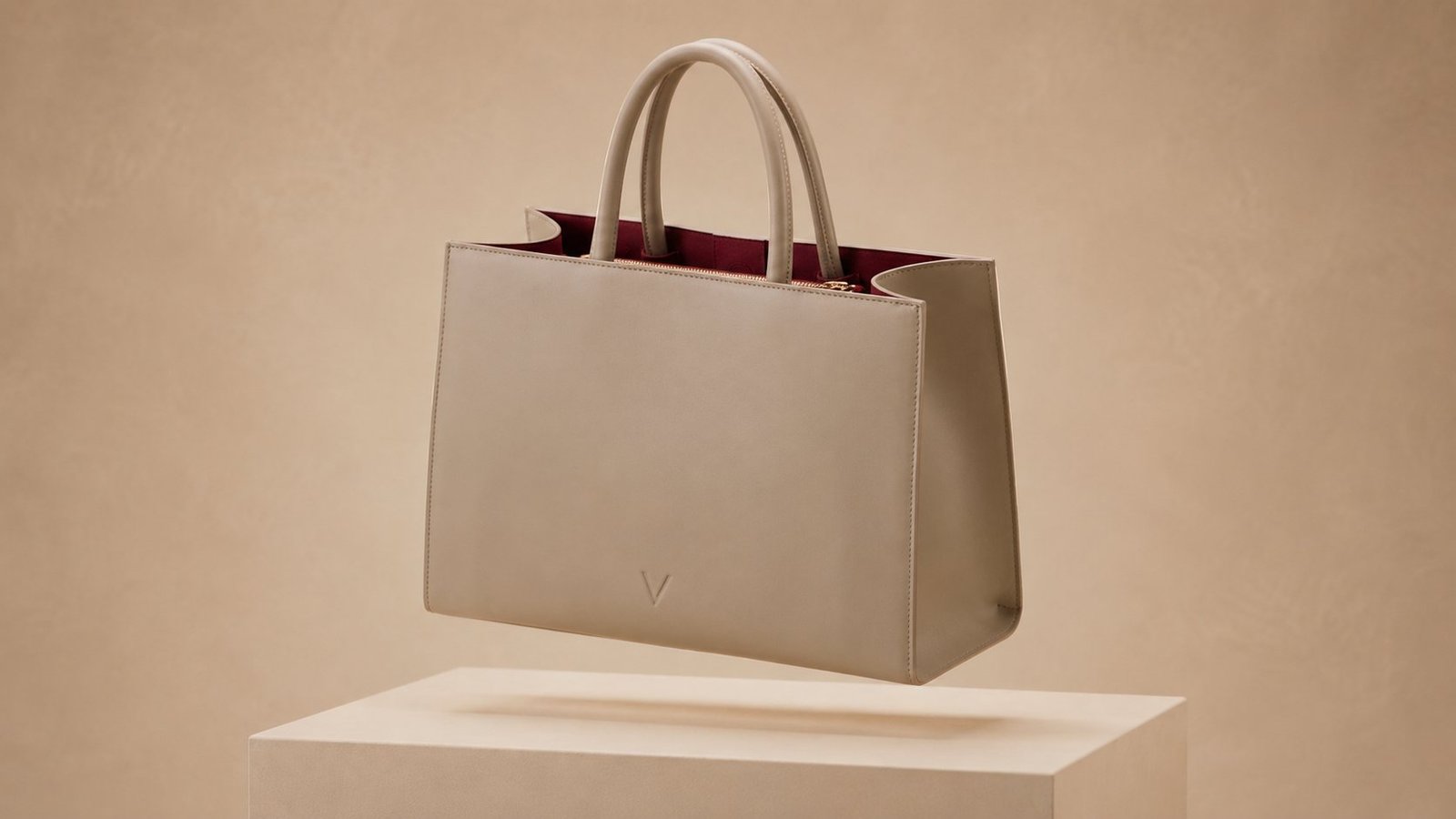 Angled view with the tote open, revealing the dark burgundy suede interior and organized compartments.